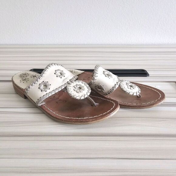 Jack Rogers Jack White Silver Leather Thong Sandals Size 5 - Picture 1 of 9